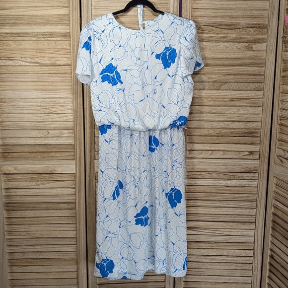 VINTAGE Lady Carol of New York Floral Blue and White Dress String Belt Size 16 - Picture 1 of 9